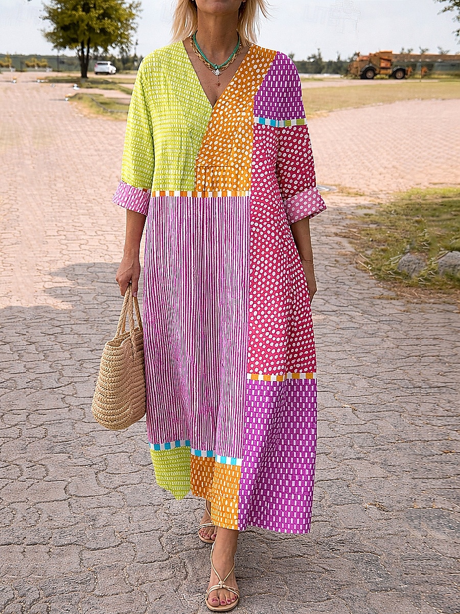 Abito Midi da Donna V Collo Maniche Lunghe Kaftan Leggero Comodo A Line Abito Casual Boho Uscita Grafica Geometrica Strisce Maniche Lunghe V Collo Arancione Rosso Nero Giallo Rosa del 2026 a $37.99 –P4