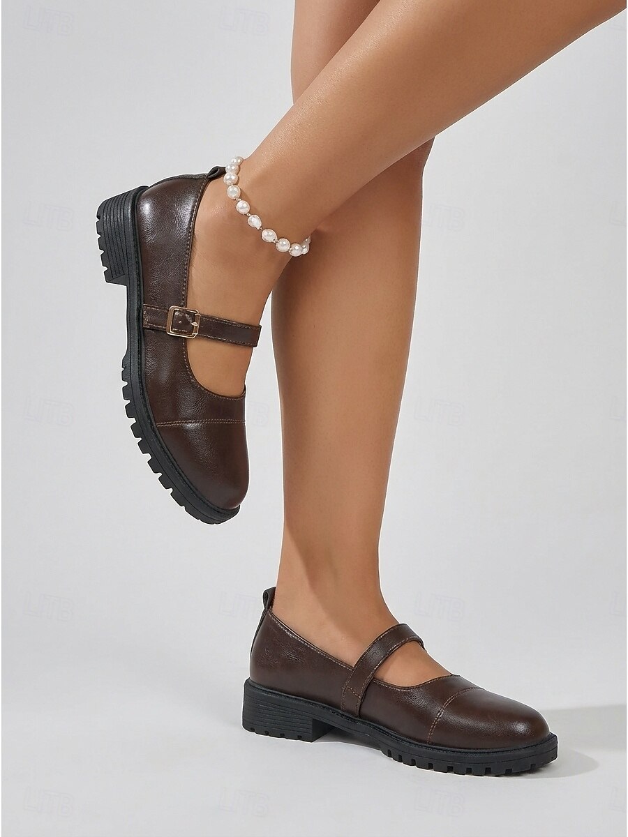 Sapatilhas Mary Jane pretas femininas - sapatos casuais de bico redondo para caminhada com sola tratorada robusta &Alça ajustável com fivela para uso diário e escolar. & escritório de 2026 por $26.99 –P1
