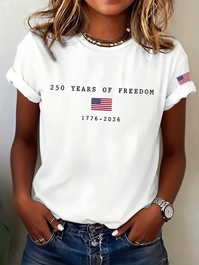 Amerikanska självständighetsdagen Dam T-shirt Mönster Grafisk Självständighetsdagen Vintage Stylish Klassisk Kortärmad Rund hals V-hals Vanliga toppar Dagligen Blå Svart Vit Rubinrött Grå Sommar Vår 2026 - $22.99 –P5