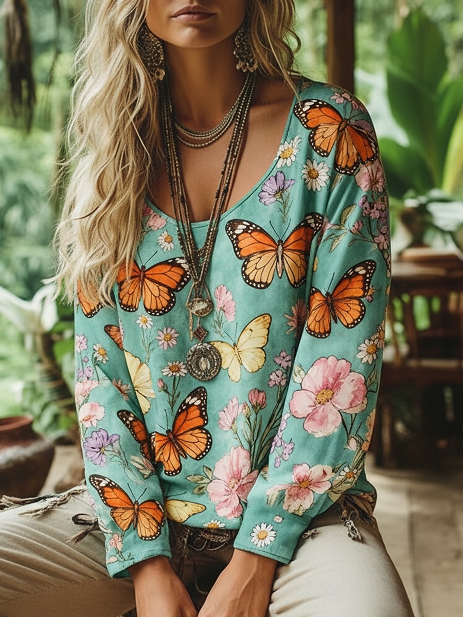 Per donna Maglietta bohémien Maglietta Stampato Floreale Vintage Etnico Casual Manica Lunga Scollo a V Top Regolari Quotidiano Weekend Abbigliamento da vacanza Blu Primavera Autunno del 2026 a $26.99 –P3