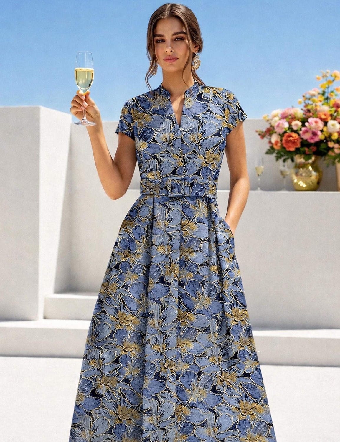 A-Line Floor Length Wedding Guest Dress Formal Dresses Evening Gown Mother of the Bride Dress Short Sleeve V Neck Elegant Vintage Wedding Formal Nylon with Slit Pocket 2026 - $186.99 –P3