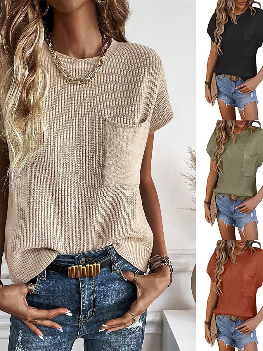 Naisten Neulos Pusero Tyylikäs Muoti Katutyyli Yhtenäinen väri Tiukka pyöreä kaula-aukko Kudottu Lyhyt hiha Tavalliset topit Neuloa Päivittäin ulko- Viikonloppu Punainen Ruskea Musta Kesä Kevät 2026 - $29.99 –P1