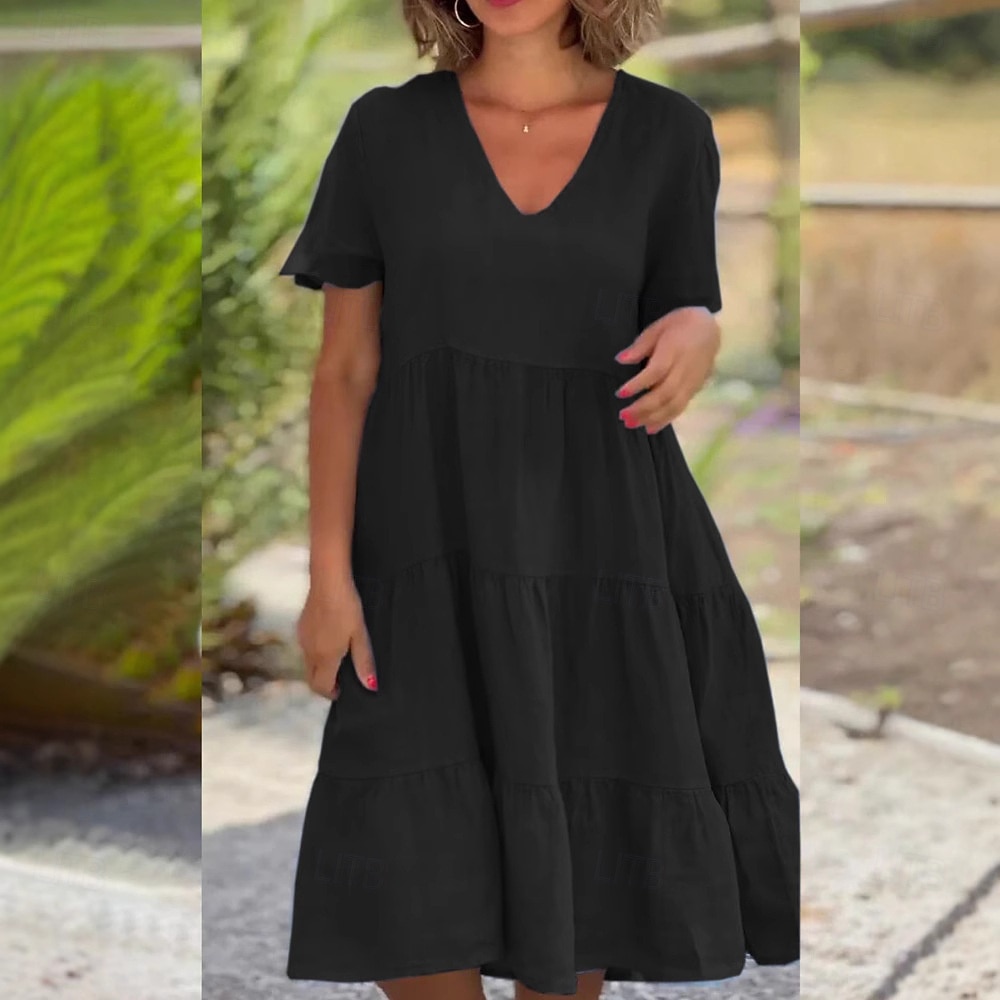 Dame Mini kjole Imitert bomullslin Uformell kjole Bomullskjole Elegant Mote Moderne utendørs Feriereise Ut på byen Løstsittende عادي Kortermet V-hals Blå Svart Rød Oransje Sommer Vår 2026 - $21.99 –P4