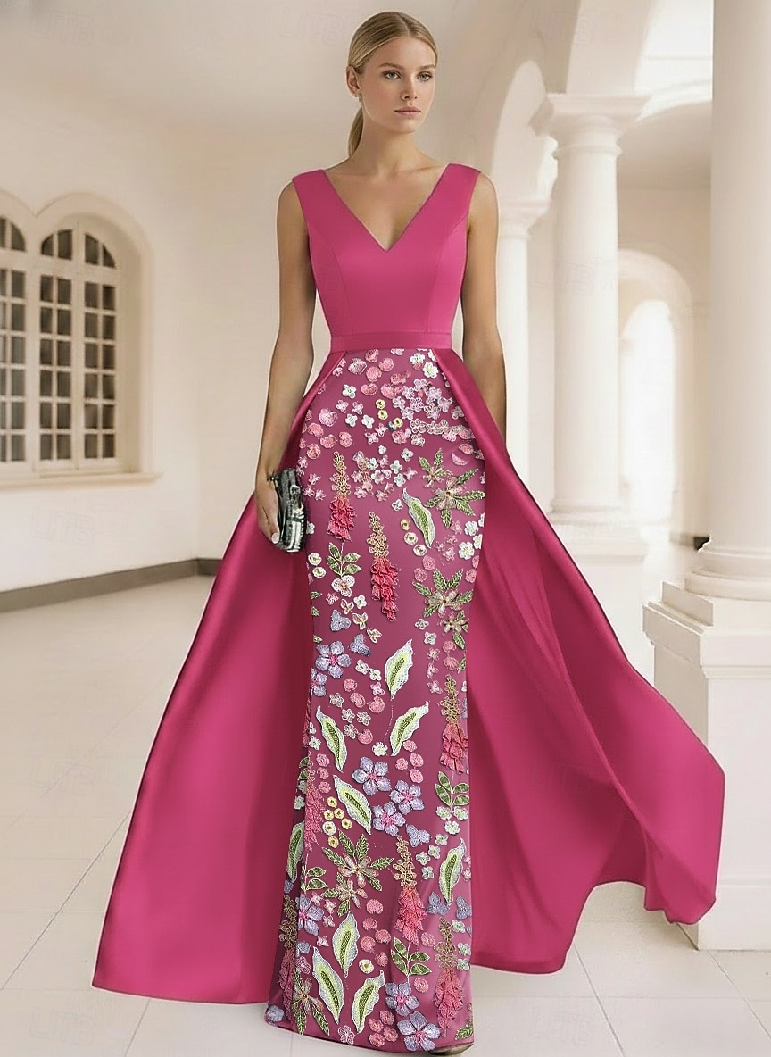 Abito da ballo Lunghezza al pavimento Abito da ballo con sopragonna Elegante Senza Maniche Scollo a V Matrimonio Formale Raso Pizzo con Fiore ricamato Fiori 3D del 2026 a $182.99 –P1