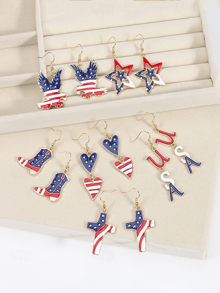 Orecchini pendenti patriottici in lega per donne per il 250° anniversario degli Stati Uniti stili multipli della bandiera USA e cuori gioielli dichiarativi rossi bianchi e blu per feste e festival del 2026 a $7.99 –P7