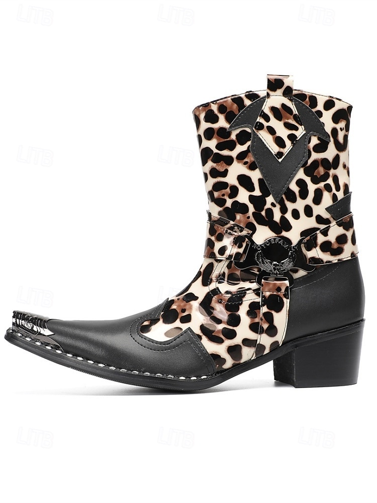 Botas masculinas de couro legítimo para festivais, com estampa de leopardo, ideais para música. de 2026 por $189.99 –P5