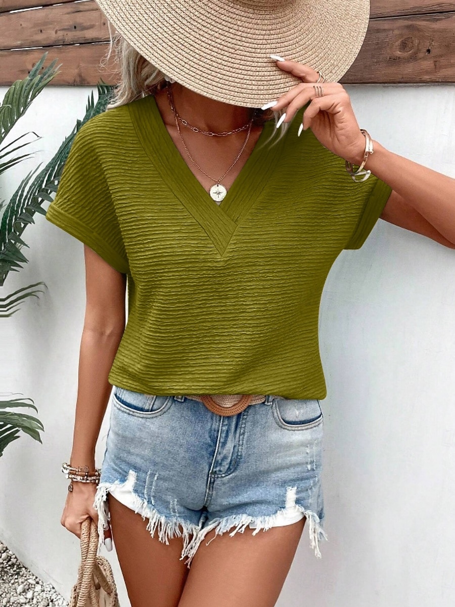 Mulheres Camiseta T-shirt Côr Sólida Moda à moda Clássico Manga Curta Decote V Tops regulares Diário Para Noite Final de semana Rosa Verde Tropa Vermelho Marron Verde Verão Primavera de 2026 por $21.99 –P11