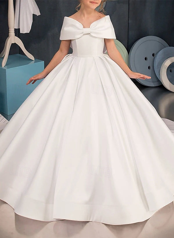 Ball Gown Sweep Brush Train Flower Girl Dress First Communion Girls Cute Prom Dress Satin with Bow(s) Elegant Fit 3-16 Years 2026 - $80.99 –P4