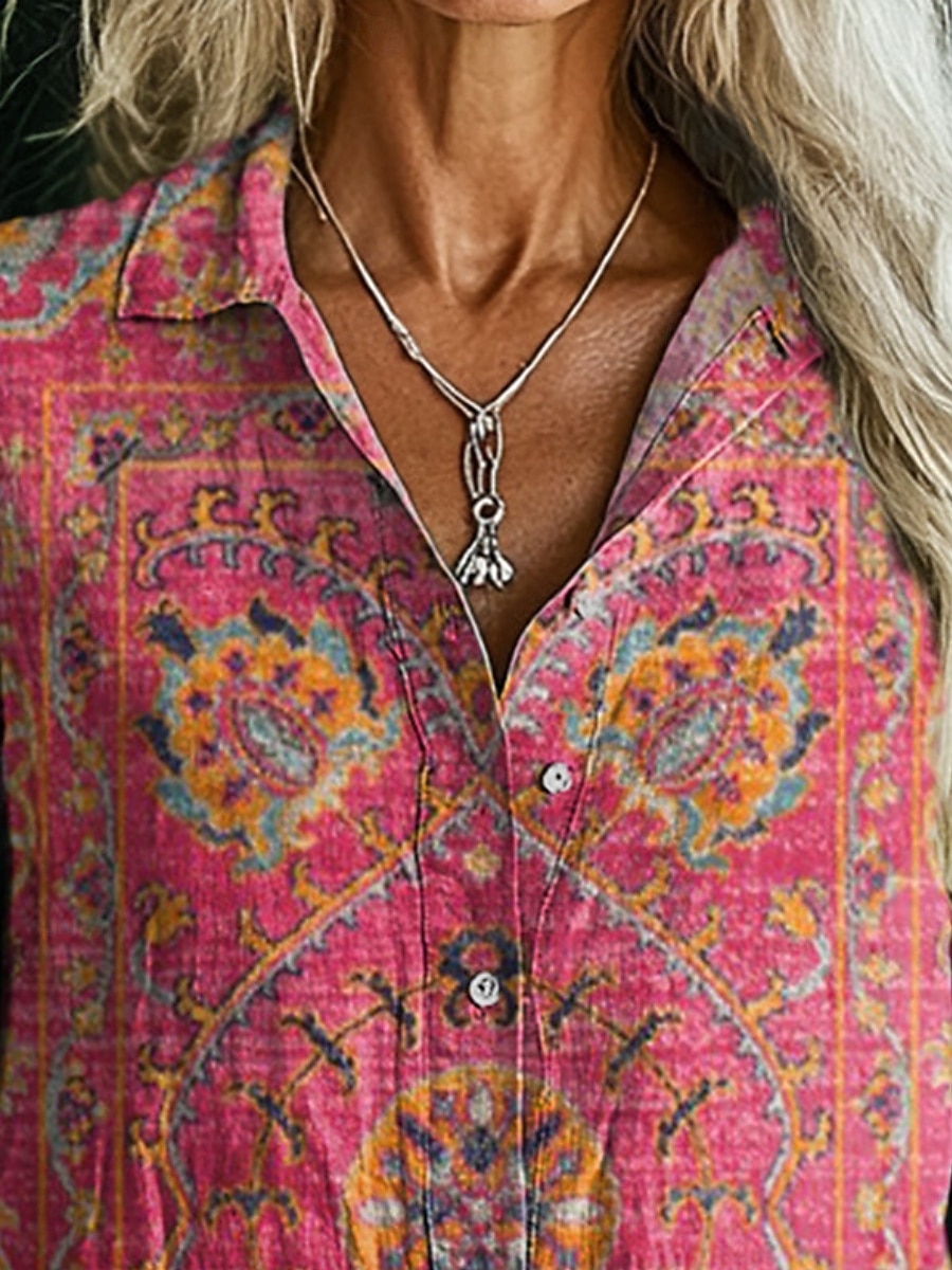 Per donna Camicia Finto cotone e lino Bottoni Stampato Floreale Bohemien Attivo Casual Manica Lunga Colletto a Camicia Top Regolari Quotidiano Ferie Blu Rosa Viola Estate Primavera Autunno del 2026 a $35.99 –P2