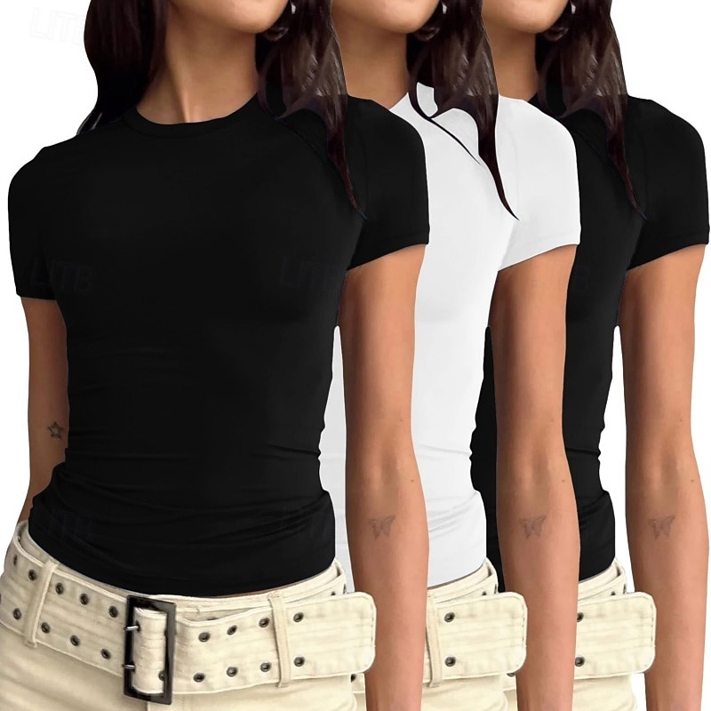 Confezioni multiple Confezione da 3 Femminile Girocollo Manica Corta Nero + bianco + grigio Maglietta Semplice Casuale Quotidiano Poliestere Estate del 2026 a $28.99 –P2