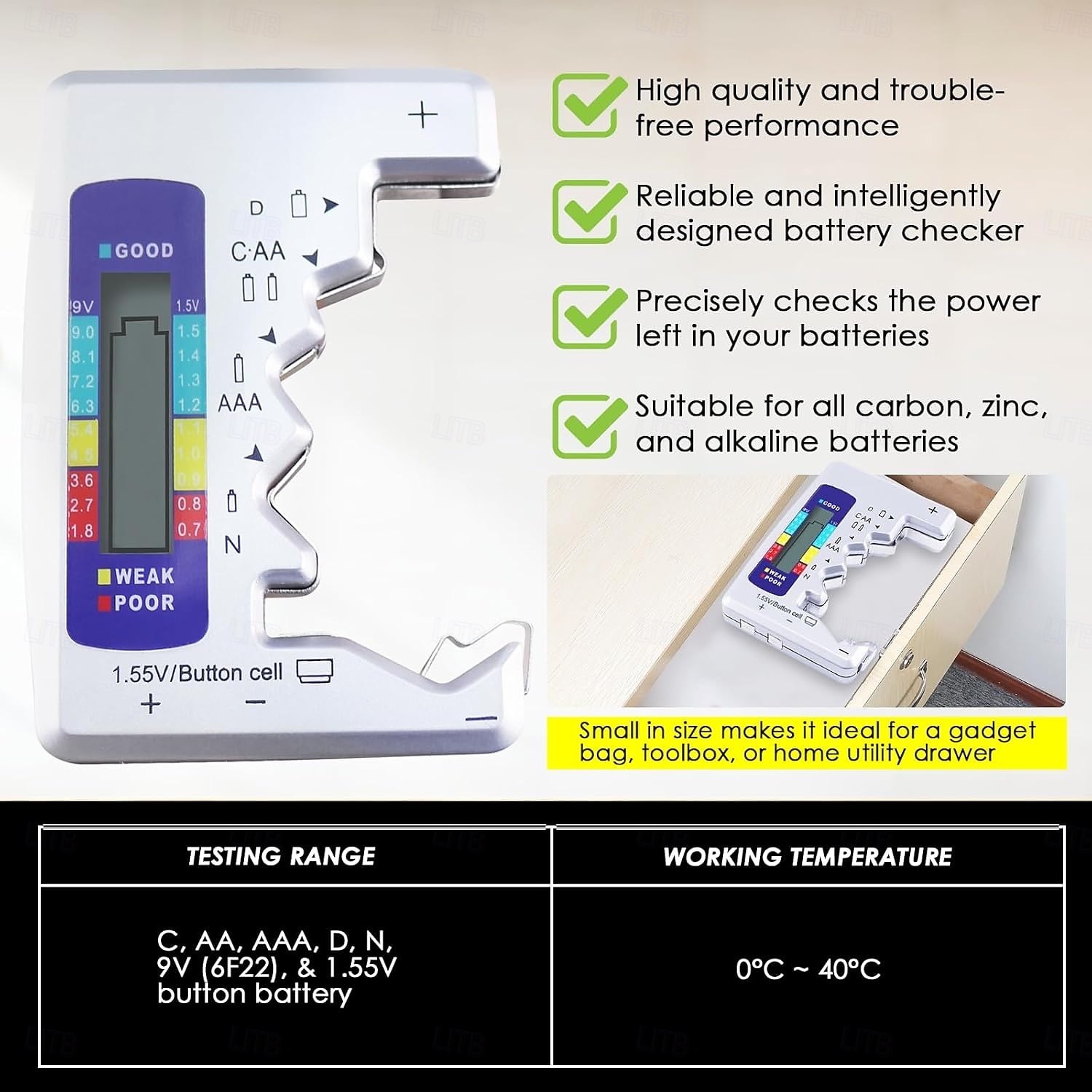 2026年 バッテリーテスター ユニバーサルバッテリーチェッカー LCDディスプレイ付き デジタル多目的小型バッテリーチェッカー すべてのバッテリー c aaa aaa d n 9v 6f22 1.5v ボタン電池用  コレクション – $16.49 –P5