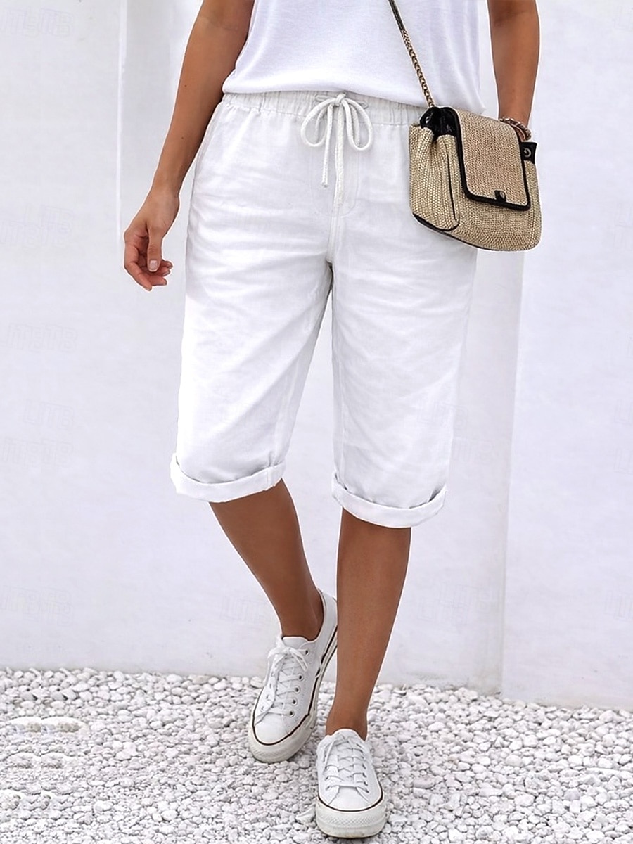 Dames Katoenen linnen shorts Capri broeken Vrijetijdsbroek Zomer korte broeken Vakantie Basic Knielengte Medium Taille Effen Comfortabel Inelastisch Donker Grijs Zwart Wit Oranje Zomer Lente 2026 - $21.99 –P4