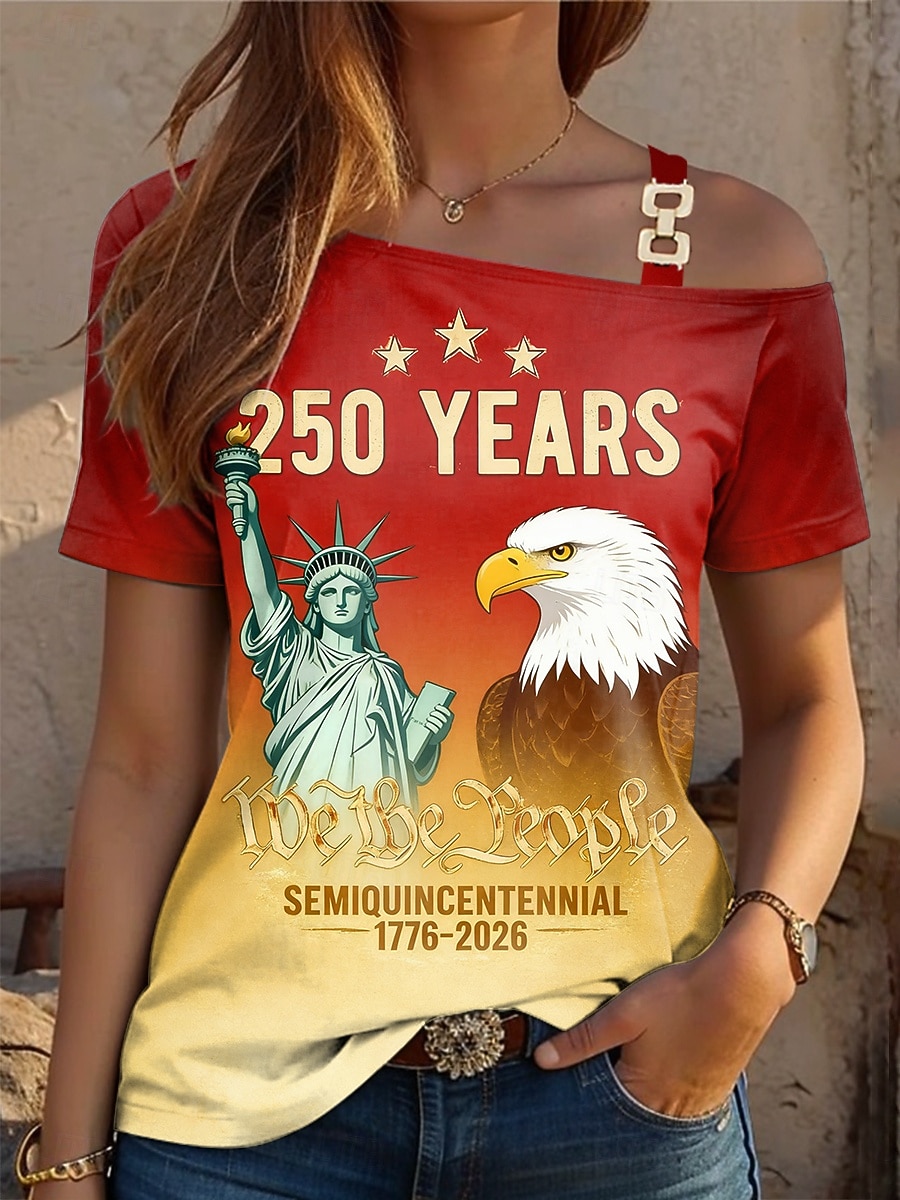 2026年 アメリカ独立記念日 女性用 Tシャツ プリント アシメントリー グラフィック アメリカの国旗 ヴィンテージ ファッション カジュアル 半袖 ワンショルダー レギュラートップス 日常 お出かけ 週末 ブラック ルビーレッド カーキ色 夏 春  コレクション – $21.99 –P2