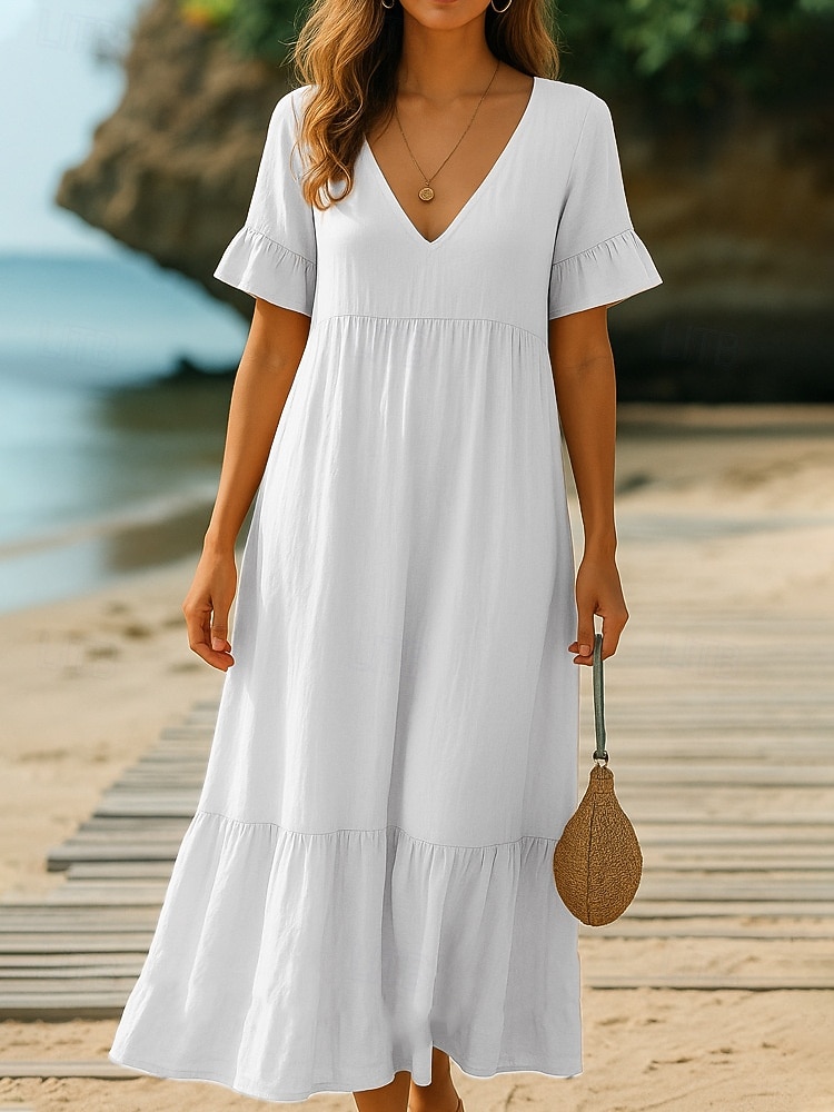 Pentru femei Rochii Midi Rochie casual Rochie din Bumbac Rochie A line Modă Modern Zilnic Plajă Vacanță Potrivire Largă Simplu Manșon scurt În V Albastru piscină Alb Portocaliu Trifoi Vară Primăvară 2026 - $27.99 –P3