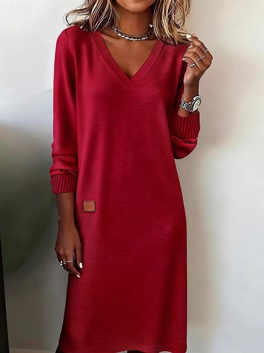 Dames Halflange jurk Hemdjurk Casual jurk Modieus Basic Dagelijks Vakantie Uitgaan Normale pasvorm Effen Lange mouw V-hals Wit Wijn Kameel Lente Herfst 2026 - $33.99 –P2