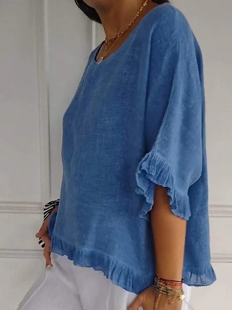 Women's Linen-feel Shirts Blouse Ruffle Solid Color Stylish Casual Half Sleeve Crew Neck Regular Tops Daily Blue Green Apricot Summer Spring Fall 2026 - $21.99 –P4