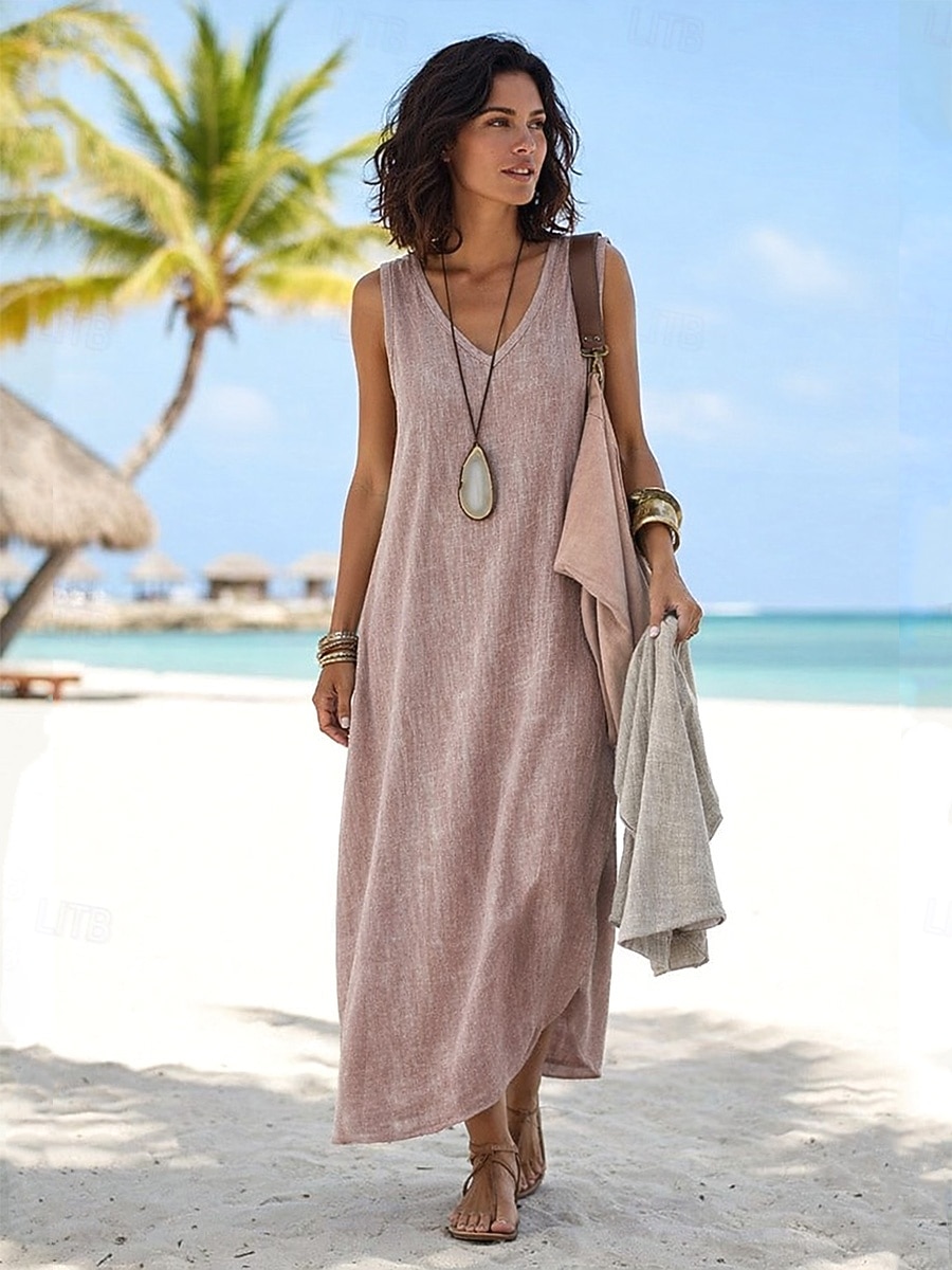 Φόρεμα Maxi από Λευκό Λινό Σατέν με Λάδι Σατράπεζα Φόρεμα Καλοκαίρι Καθημερινό Εξωτερικό Κανονική Εφαρμογή Μονοχρωμία Χωρίς Μανίκι V Λαιμό Μπλε Καλοκαίρι Άνοιξη 2026 - $26.99 –P8