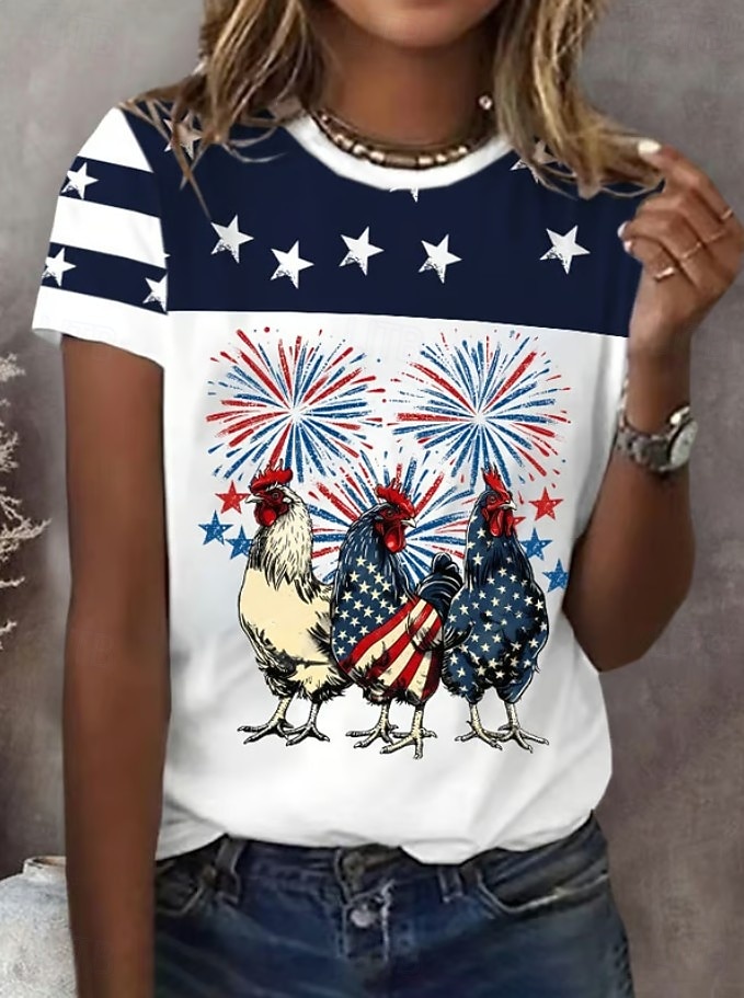 تي شيرت نسائي وطني لعيد الاستقلال برسمة علم عتيقة أنيقة كلاسيكية بأكمام قصيرة بحافة عادية يومية عطلة مطبوعة زرقاء ربيع صيف 2026 - $22.99 –P2