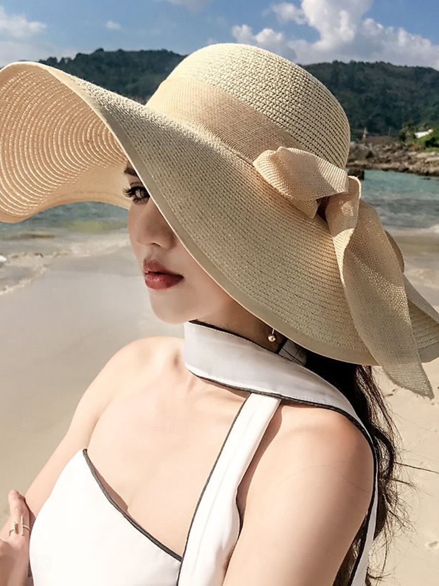 Dame Hatt Solhatt Solbeskyttelse Strand Gate Helg Skjøte Strikket Ren farge 2026 - $5.99 –P2