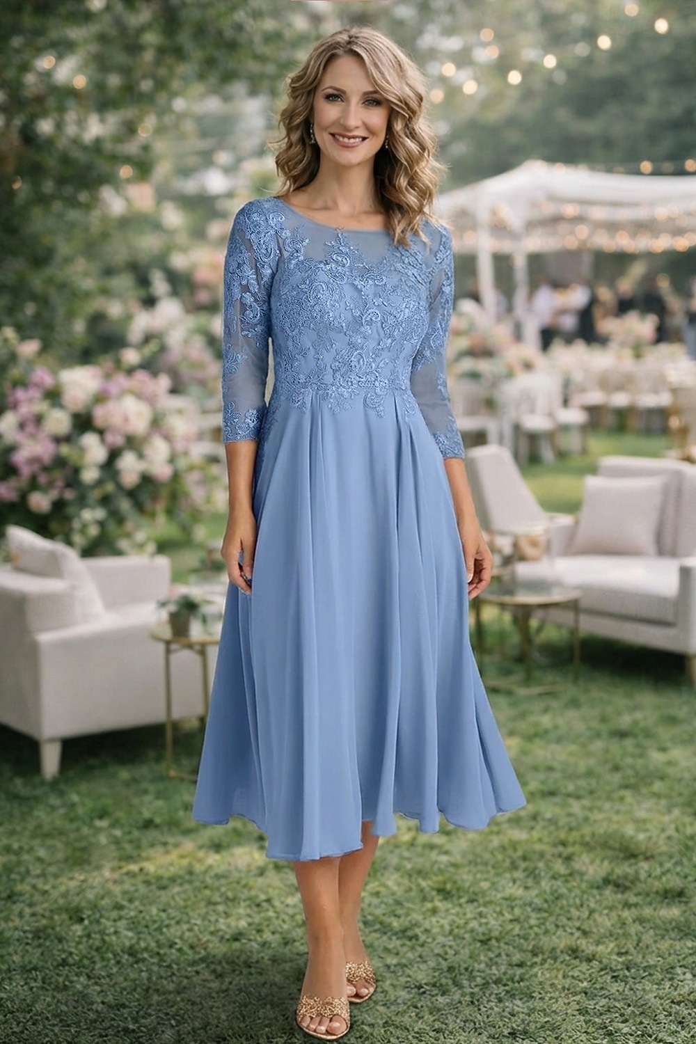 sleeves cocktail dresses Elegant Lace Half Sleeves Pleated Wedding Party Dresses