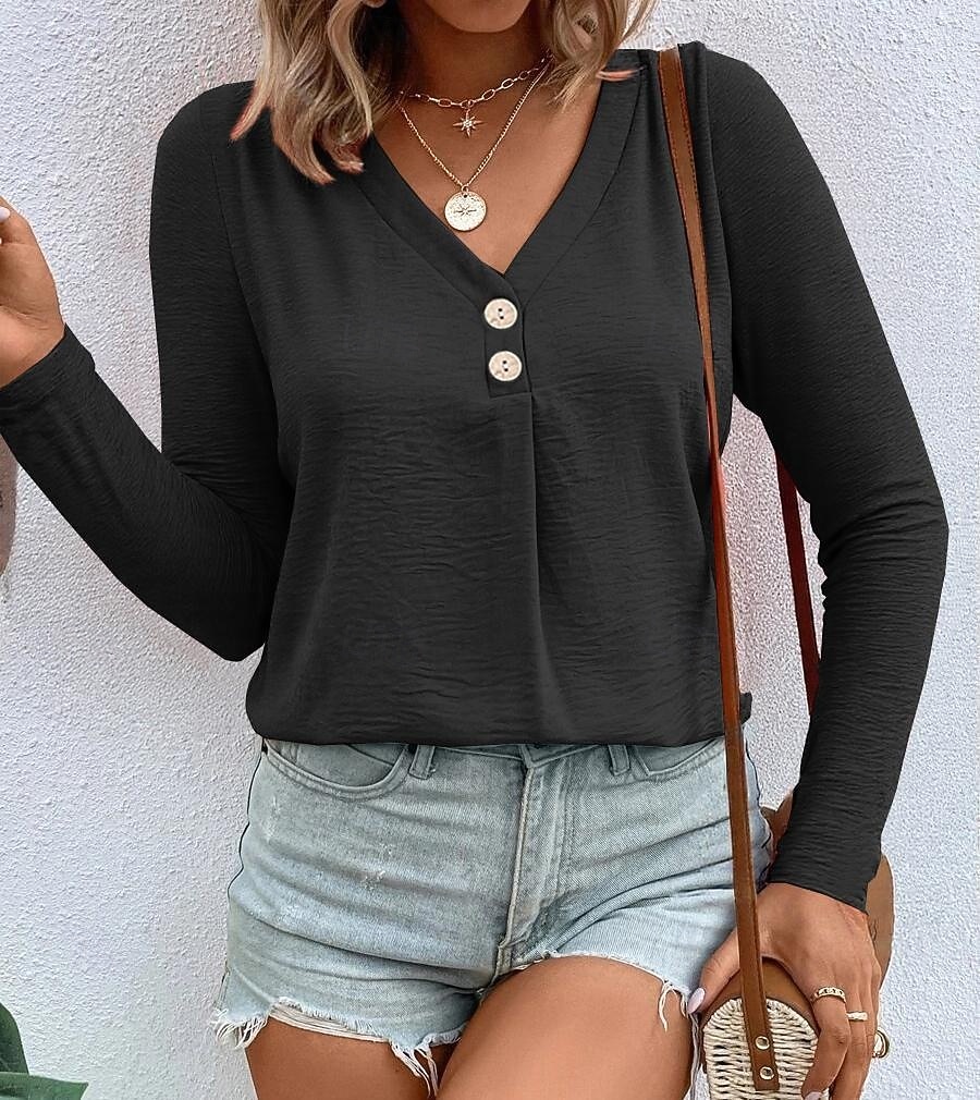 Dámské Tričko Tlačítko Přední S texturou Pevná barva Módní Na běžné nošení Dlouhý rukáv Do V Dlouhé topy Denní Jdeme ven Tmavěhnědá Travní zelená Černá Bílá Rubínově červená Jaro Podzim 2026 - $21.99 –P1