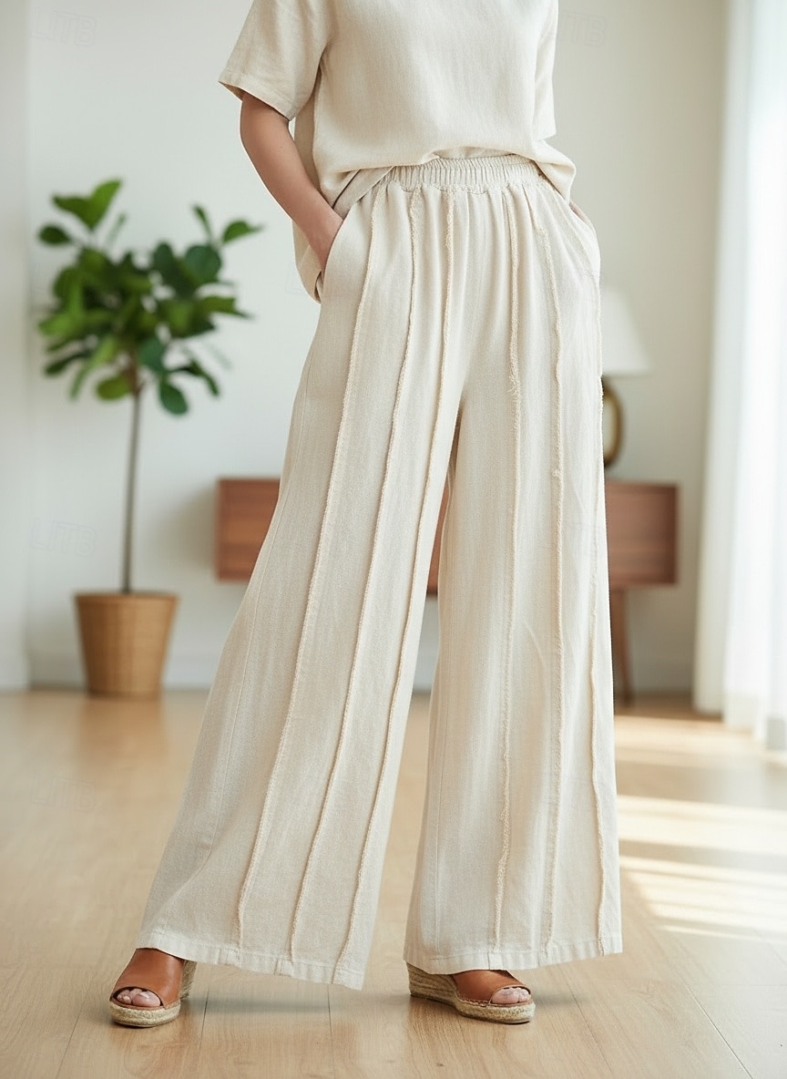 2026年 女性用 コットンリネンパンツ 生意気 チノパン サマーパンツ 旅行度假风 ストリートファッション カジュアル 全長 ミディアムウエスト 純色 弾性ウエストバンド 快適 マイクロエラスティック 日常 アウトドア ストリート ライスホワイト ブラック グリーン 春 秋 ルーズフィット  コレクション – $49.99 –P1