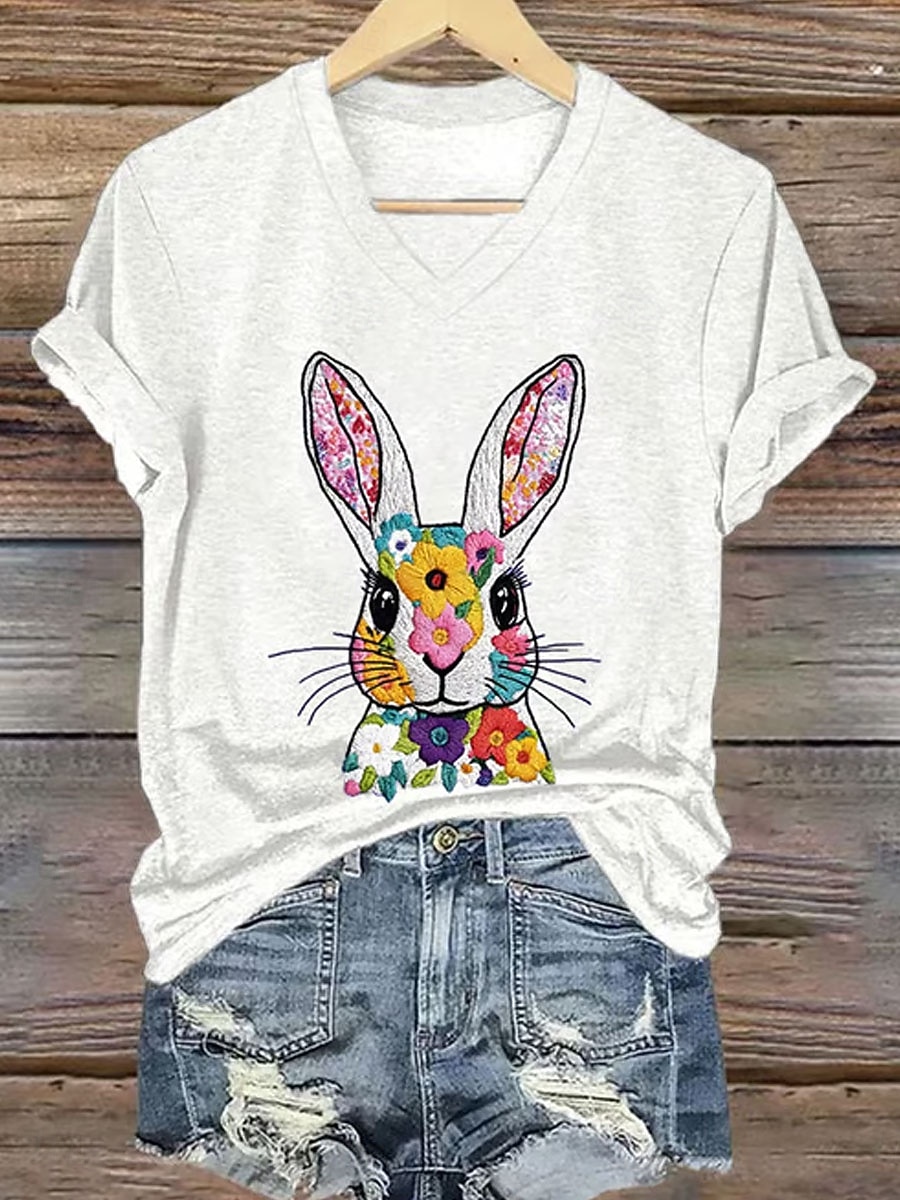 Pâques Femmes T-shirt Imprimé Fleuri Graphique Animal Élégant Classique Occasionnel Manche Courte Col en V Hauts Réguliers Quotidien Bleu Blanche Rose Claire Vert Été Printemps de 2026 ? $21.99 –P2