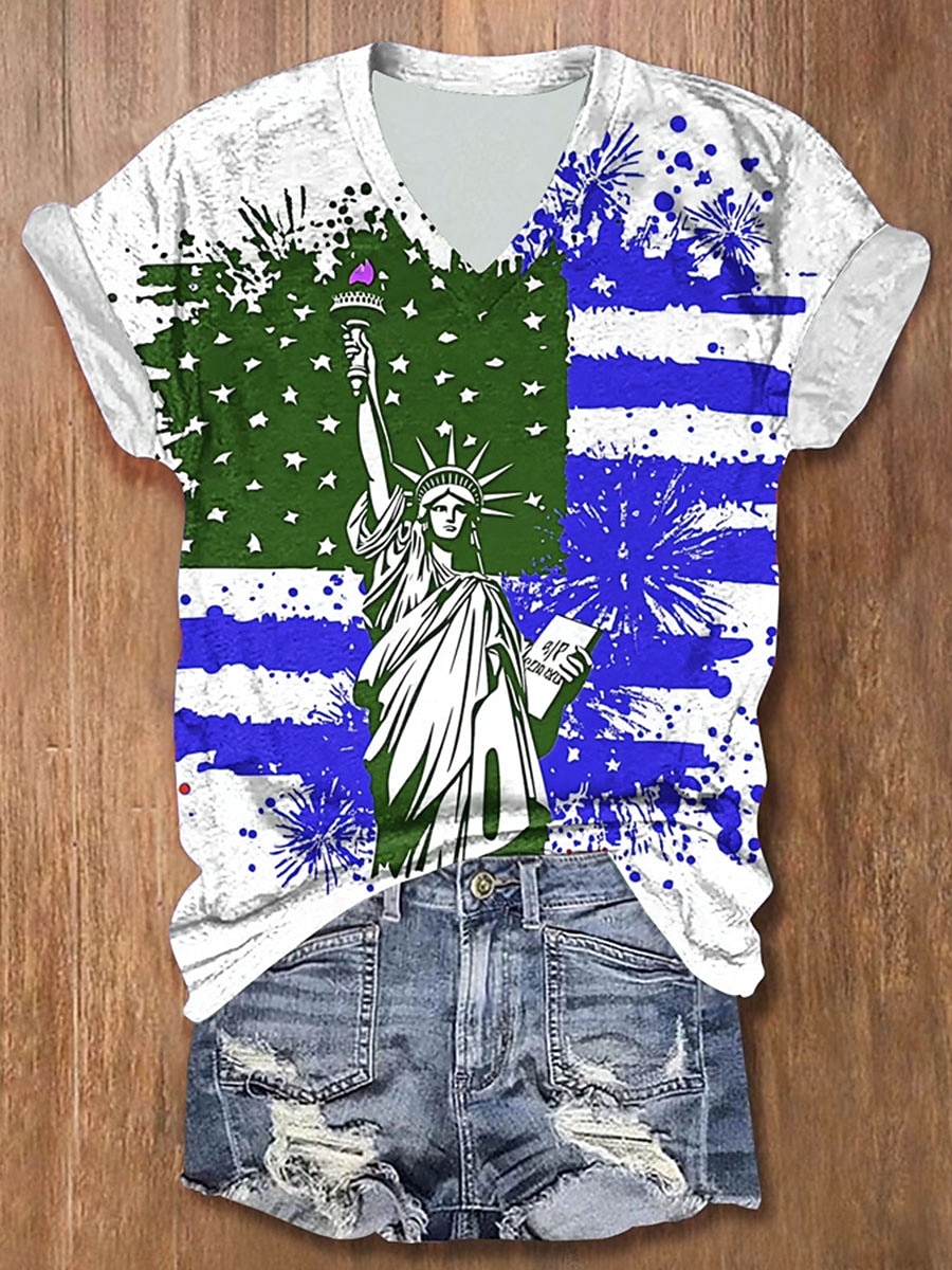 חולצת טי פטריוטית ליום העצמאות נשים גרפית דגל אמריקאי אופנתית קלאסית קז'ואל עם שרוול קצר צווארון V טופים רגילים הדפסה יומית אדום סגול ירוק קיץ אביב 2026 - $21.99 –P3