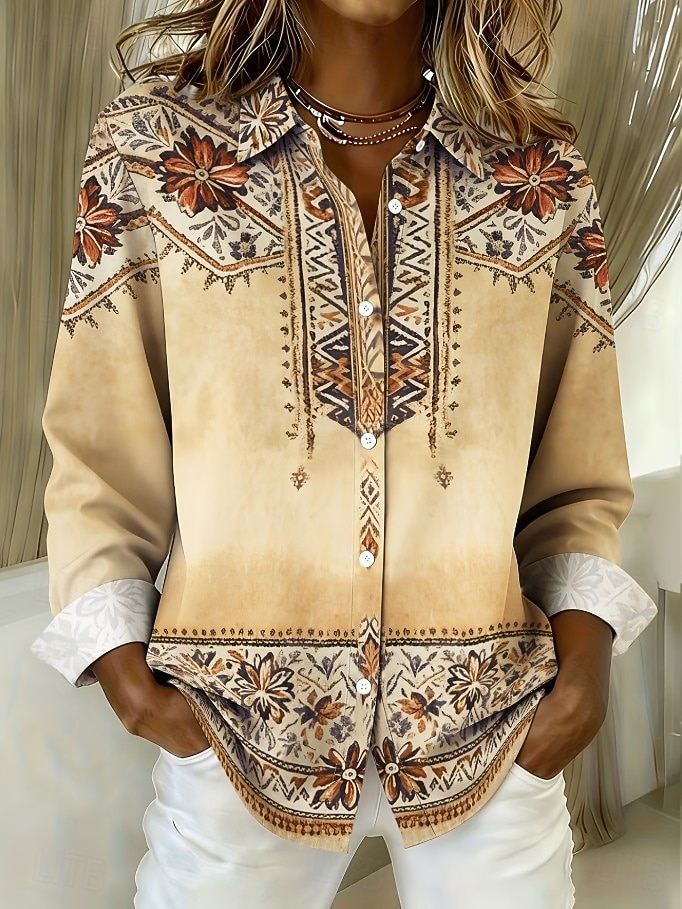 Damen Hemd Bluse Patchwork Knöpfe Druck Grafik Geometrisch Karomuster Vintage Tropisch Täglich Langarm V Ausschnitt Hemdkragen Lange Oberteile Täglich Strandbekleidung Urlaubskleidung Blau Schwarz 2026 - $32.99 –P4