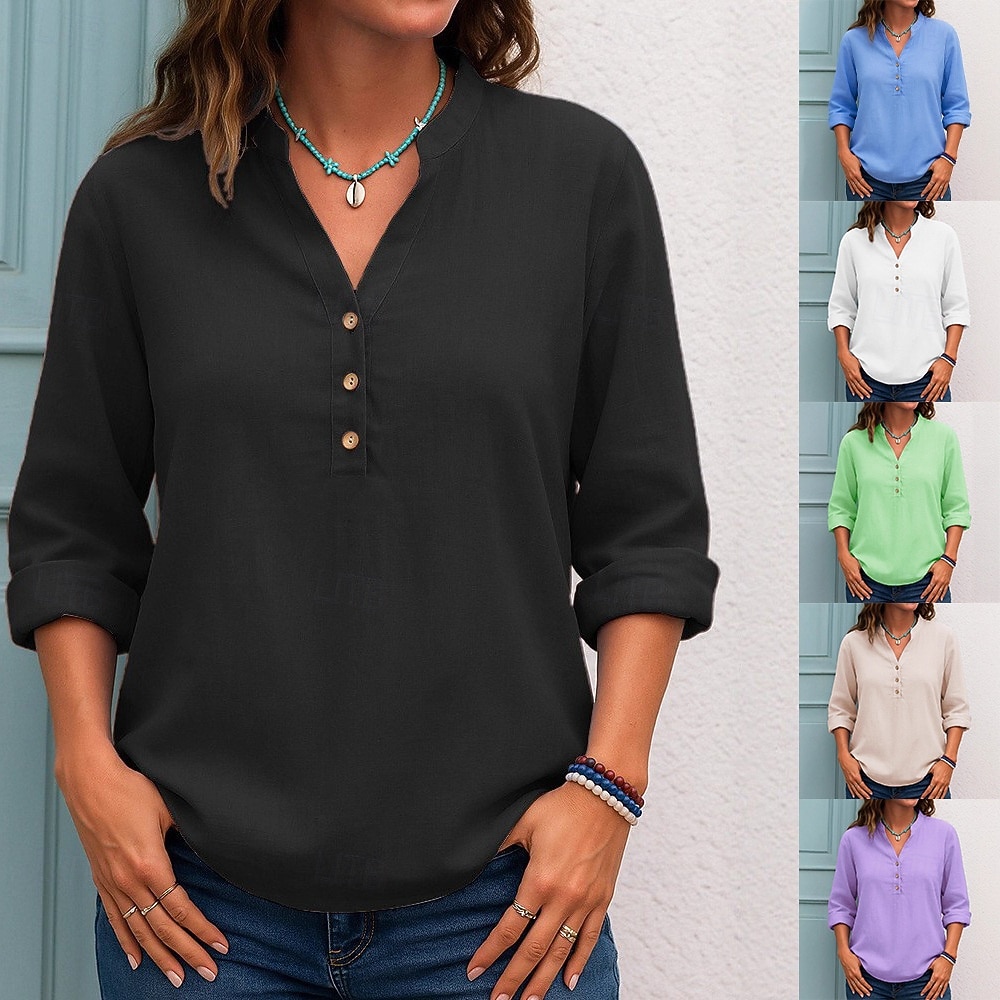 Mulheres Blusa Botões Côr Sólida Diário à moda Casual Manga Longa Decote V Tops regulares Diário Preto Branco Roxo Verde Primavera Outono de 2026 por $24.99 –P1