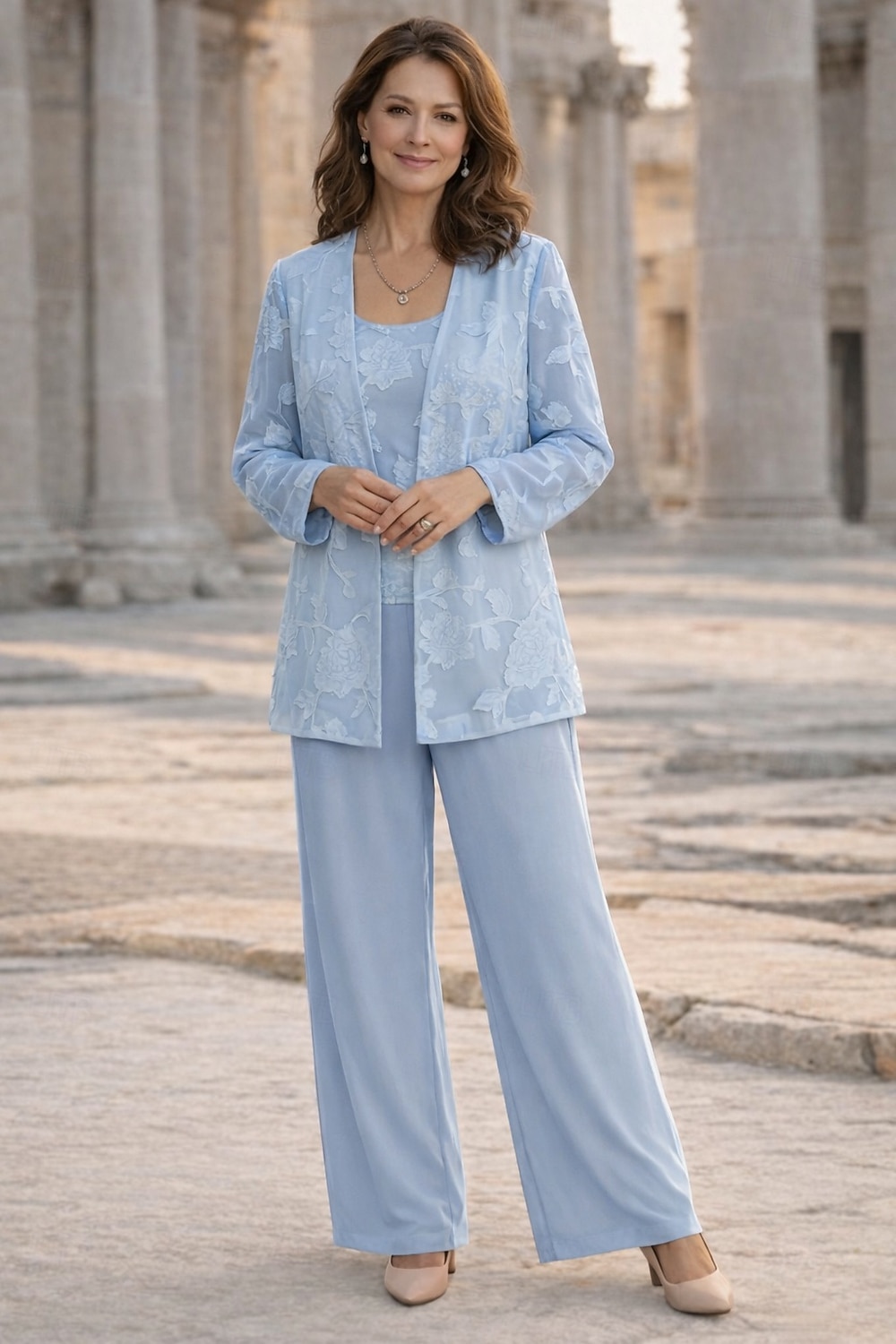 Dreiteilig Hosenanzug Bodenlang Brautmutterkleid Langarm U-Boot-Ausschnitt Elegant Minimalistisch Formell Hochzeitsgast Ferien Chiffon Mit Schal mit Blume 2026 - CHF127.07 –P1