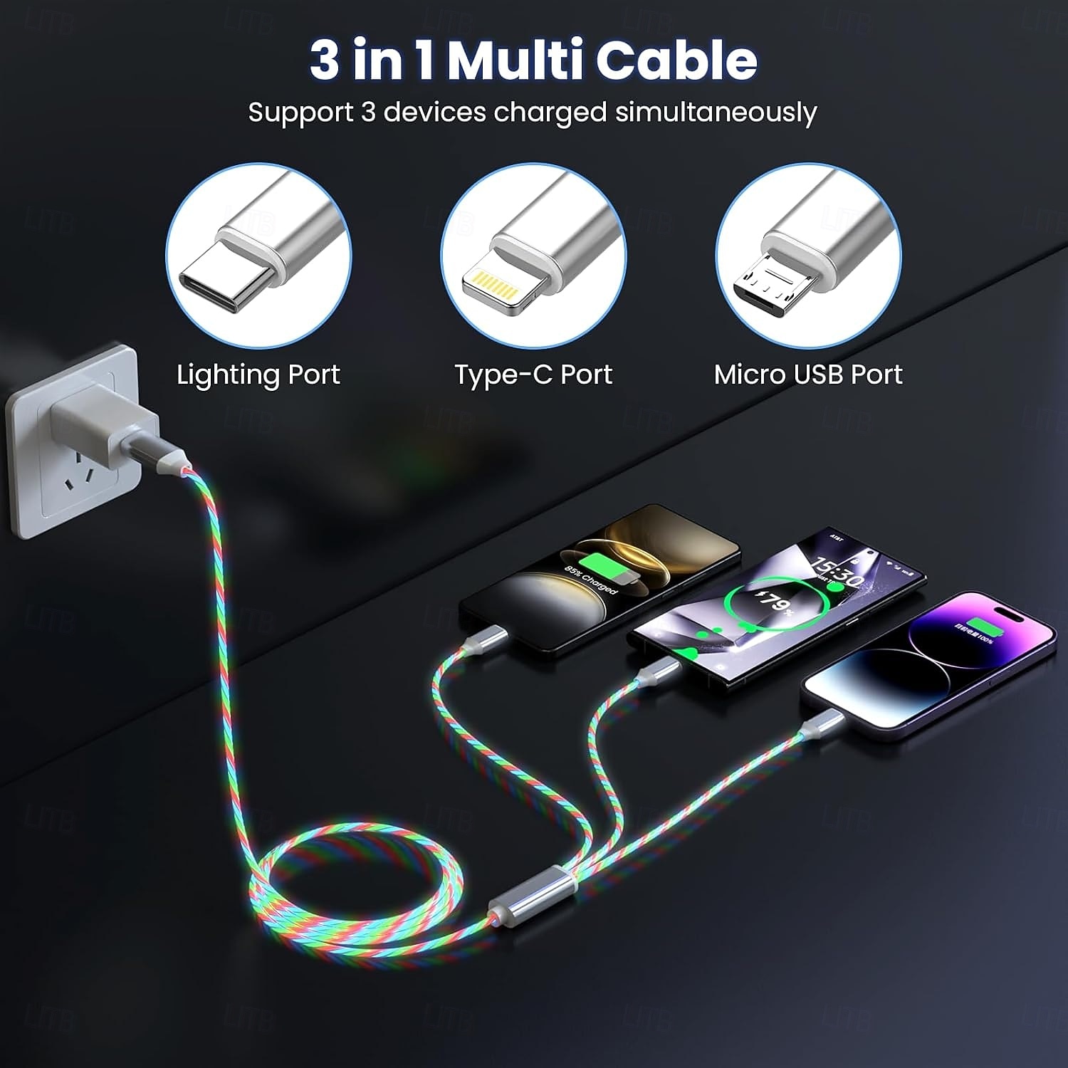 Cavo di ricarica luminoso 3 in 1, cavo di ricarica multi-led, cavo di ricarica luminoso, cavo USB 3A, compatibile con la maggior parte degli smartphone del 2026 a $16.49 –P6