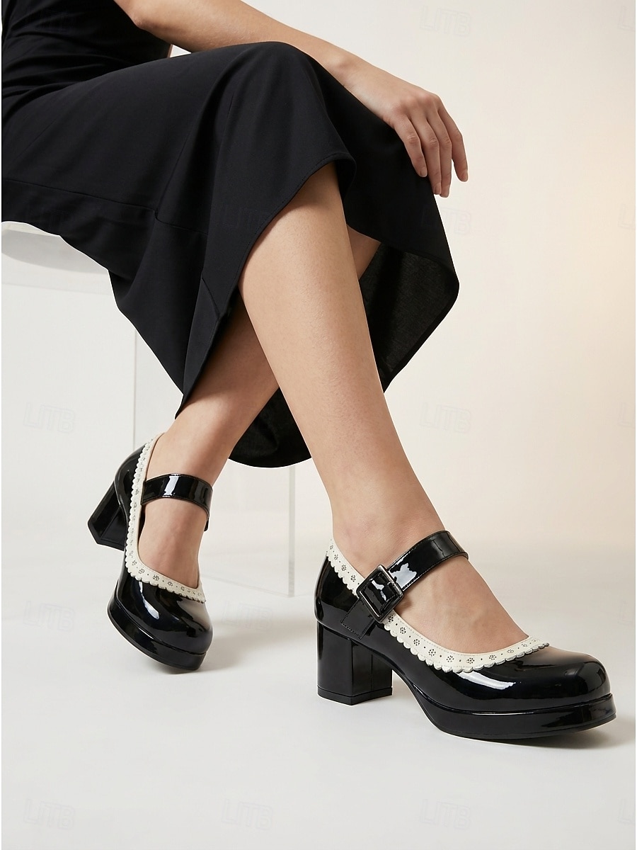 Zapatos Mary Jane vintage de los años 50 para mujer: elegantes tacones de bloque de charol negro sintético con ribete festoneado para fiestas retro y eventos rockabilly. &estilo de mediados de siglo 2026 - $59.99 –P2
