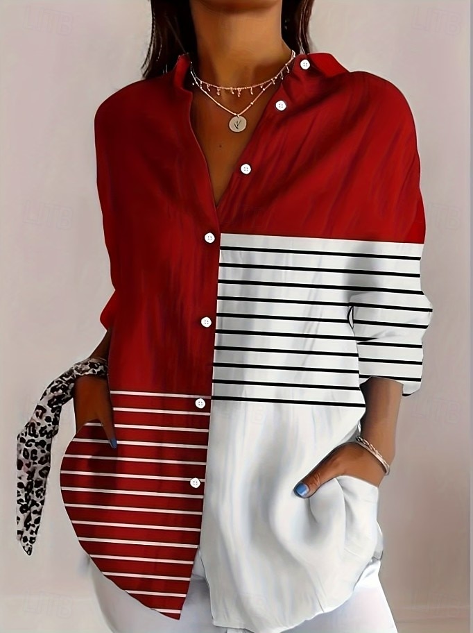 Dam Skjorta Blus Lappverk Knappar Mönster Grafisk Geometrisk Rutig Vintage Tropisk Dagligen Långärmad Tröjkrage Långa toppar Dagligen Blå Svart Rubinrött Marinblå Orange Sommar Vår 2026 - $32.99 –P6