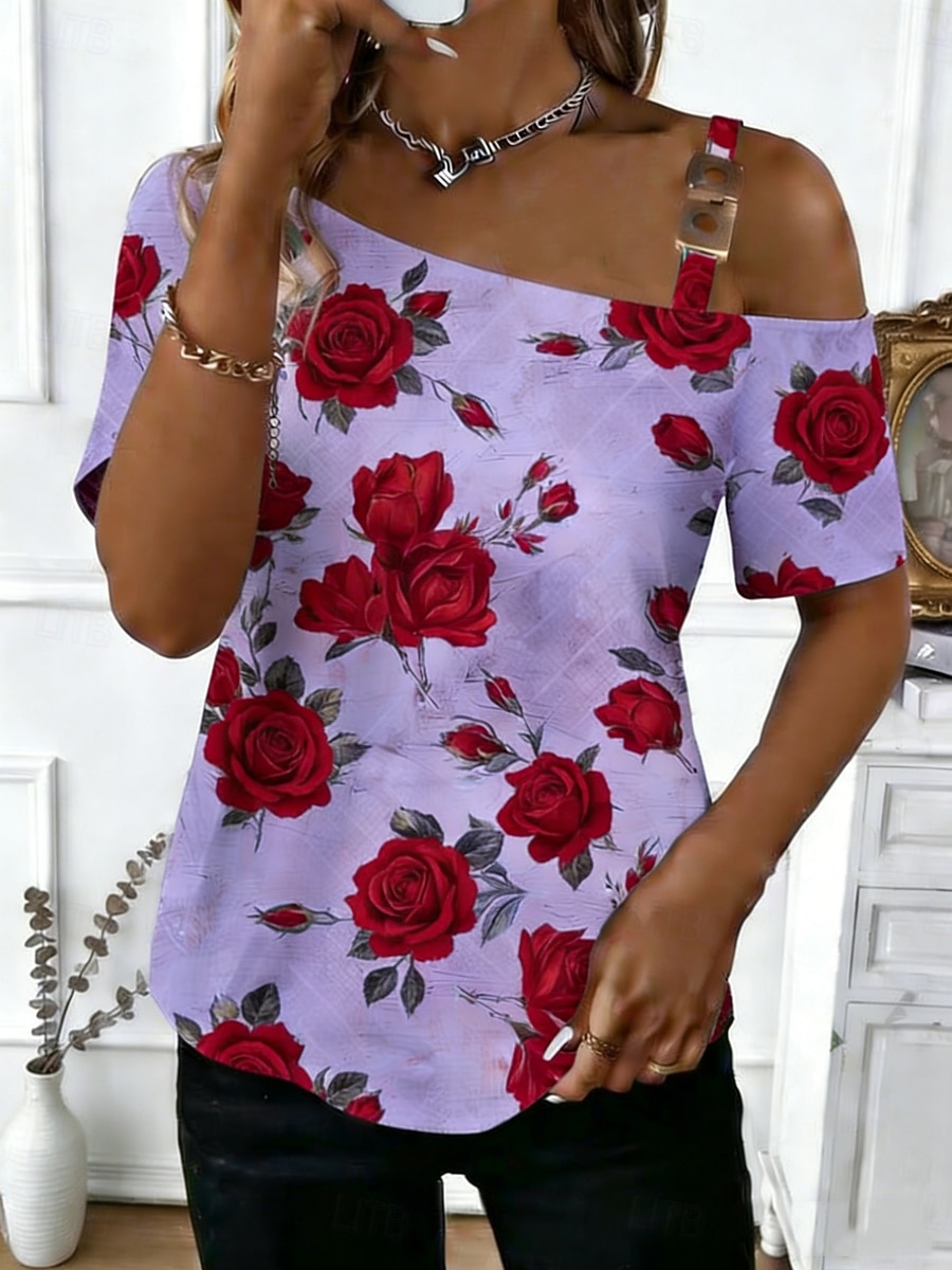 Dames T-shirt Afdrukken Bloemig Grafisch Elegant Modieus Klassiek Korte mouw Eén-schouder Normale tops Dagelijks Uitgaan Weekend Wit Blozend Roze Paars Groen Zomer Lente 2026 - $23.99 –P3