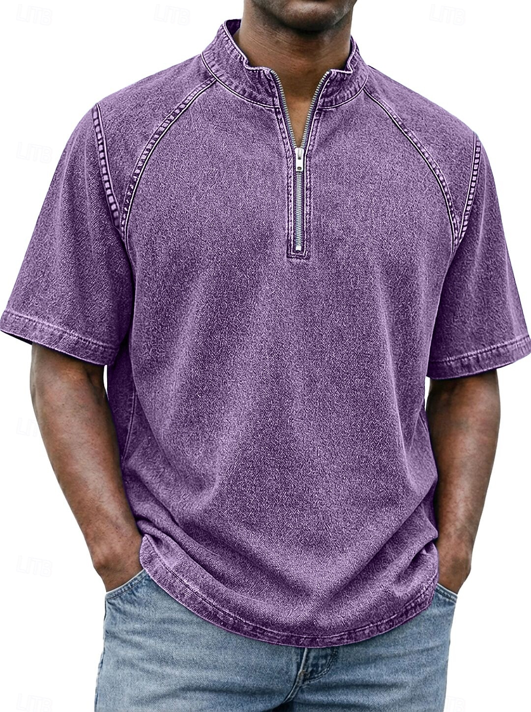 SoftFade™ Pánská košile 100% bavlna s kyselinovým praním tričko krátký rukáv stojáček léto jaro jednobarevný texturovaný vintage streetwear ležérní zipová vybledlá základní ležérní domácí ulice 2026 - $32.99 –P2