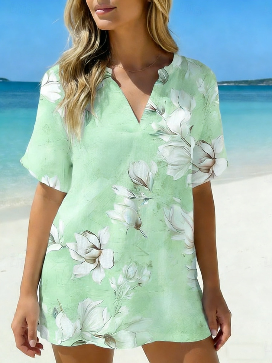 Women's Shirt Casual Shirt Beach Shirt Blouse Print Floral Graphic Stylish Classic Modern Short Sleeve V Neck Regular Tops Daily Holiday Going out Pink Purple Green Summer Spring 2026 - $32.99 –P3