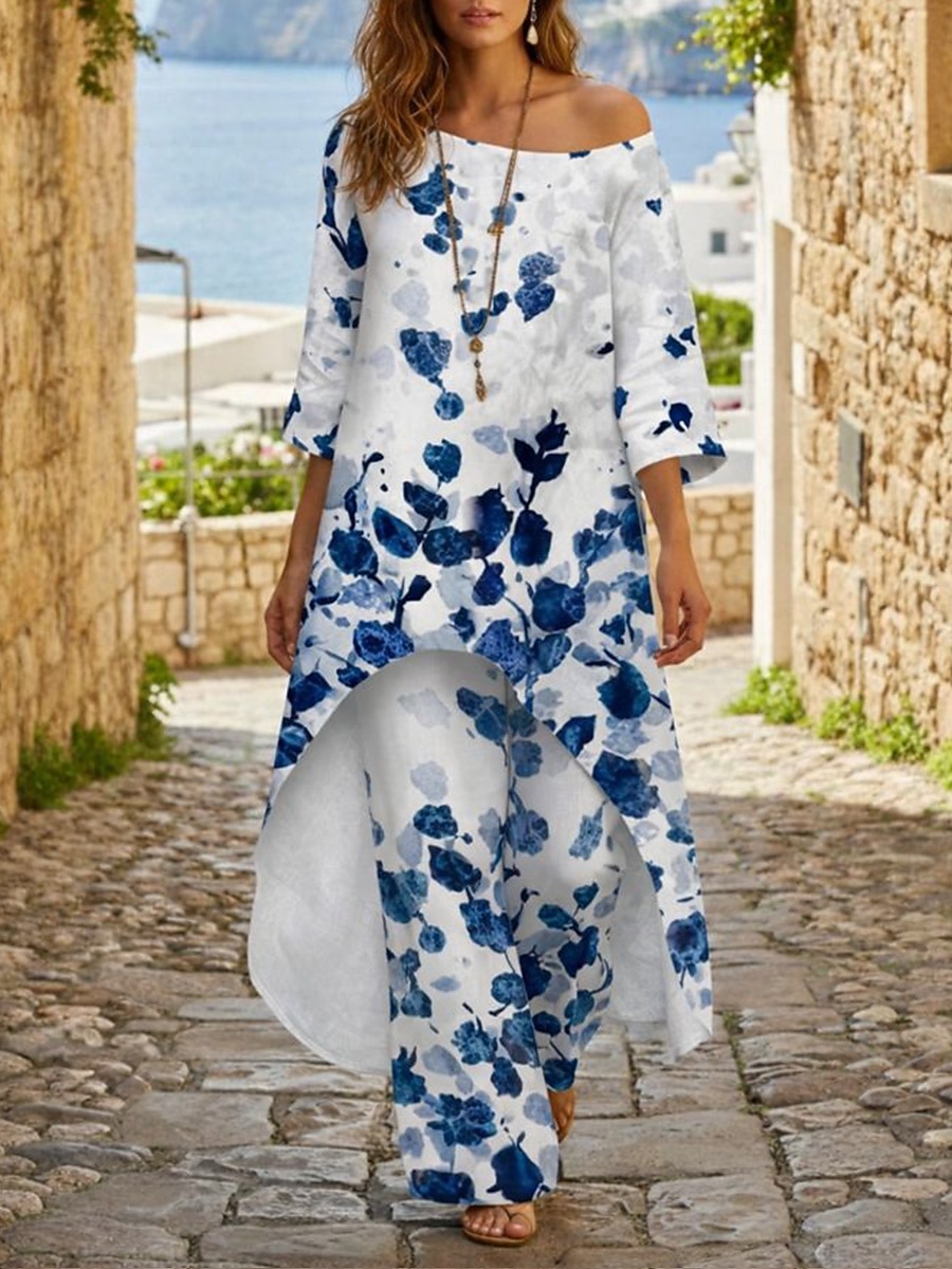 Dame Todelt sett Buksesett Bolero topp Langermet Crew-hals Blomstret Grafisk Bohem Mote Gatemote Avslappet Daglig utendørs Hvit Rosa Marineblå Vår Løstsittende 2026 - $45.99 –P3