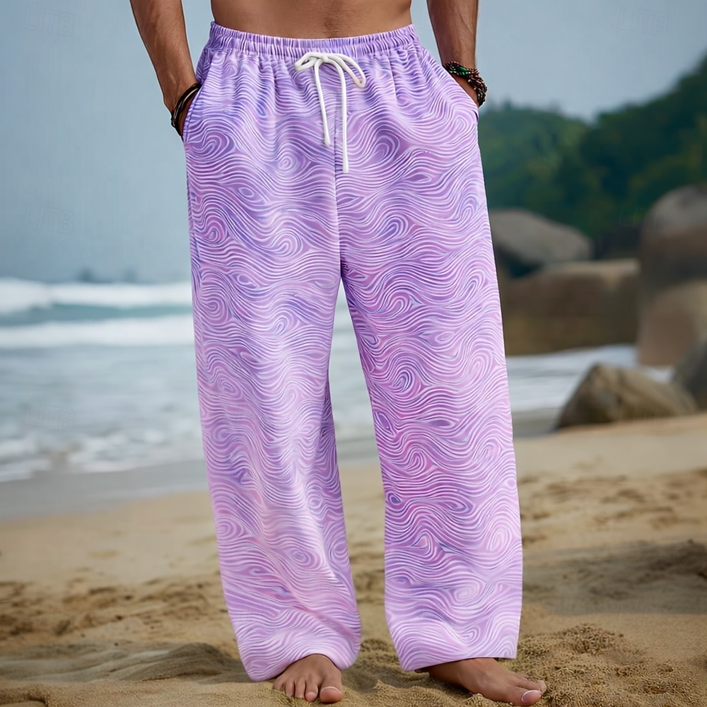 Homens Geométrica oceano Ondas Calças Calças largas Calça casual Cintura Média Havaiana Ao ar livre Férias Roupa de Praia Cintura elástica com cordão Calças de linho com bolsos Verão Primavera de 2026 por $27.99 –P4