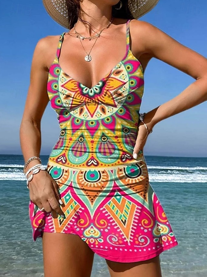 2026年 女性用 スイムウェア ワンピース スカート 水着 エレガント 旅行度假风 グラフィック 幾何学模様 Ｖネック ノースリーブ 水着  コレクション – $39.99 –P4