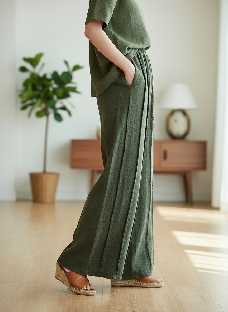 2026年 女性用 コットンリネンパンツ 生意気 チノパン サマーパンツ 旅行度假风 ストリートファッション カジュアル 全長 ミディアムウエスト 純色 弾性ウエストバンド 快適 マイクロエラスティック 日常 アウトドア ストリート ライスホワイト ブラック グリーン 春 秋 ルーズフィット  コレクション – $49.99 –P9