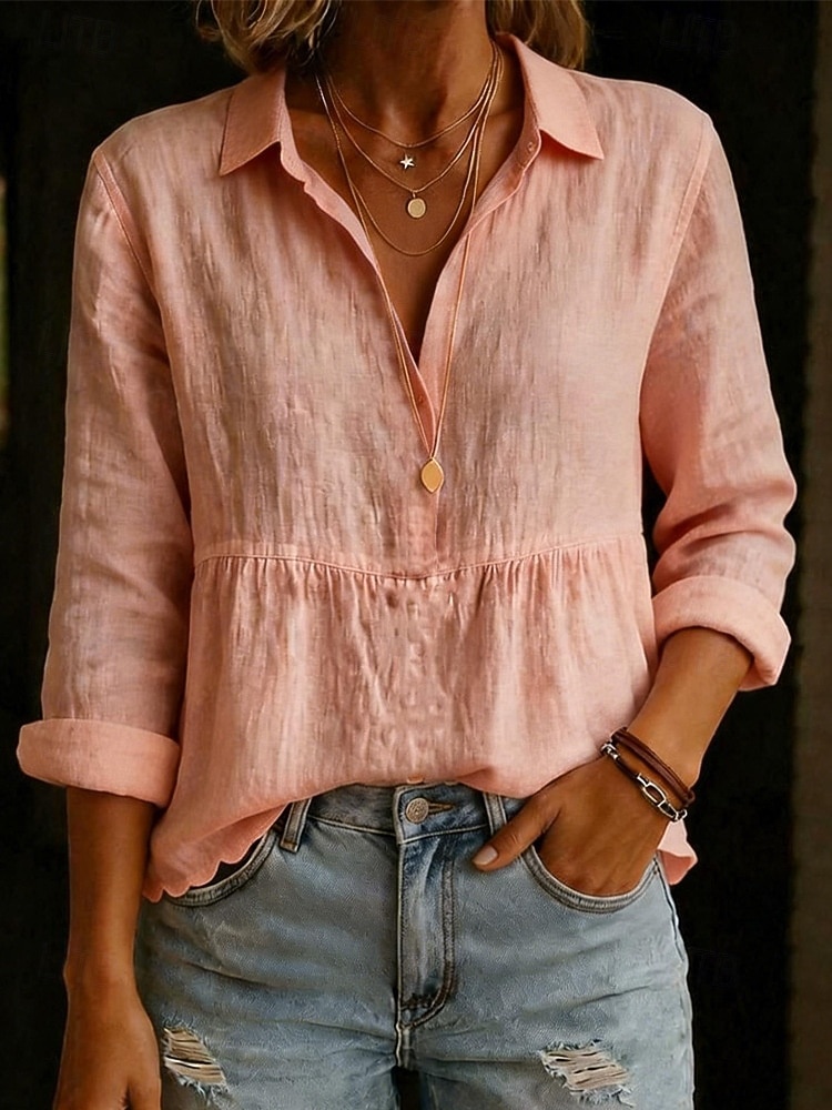 Damen Hemden in Leinenoptik Bluse Baumwollhemd Knöpfe Einfarbig Basic Lässig Langarm Hemdkragen Normale Oberteile Täglich Weiß Rosa Himmelblau Grün Sommer Frühling Herbst 2026 - $21.99 –P4