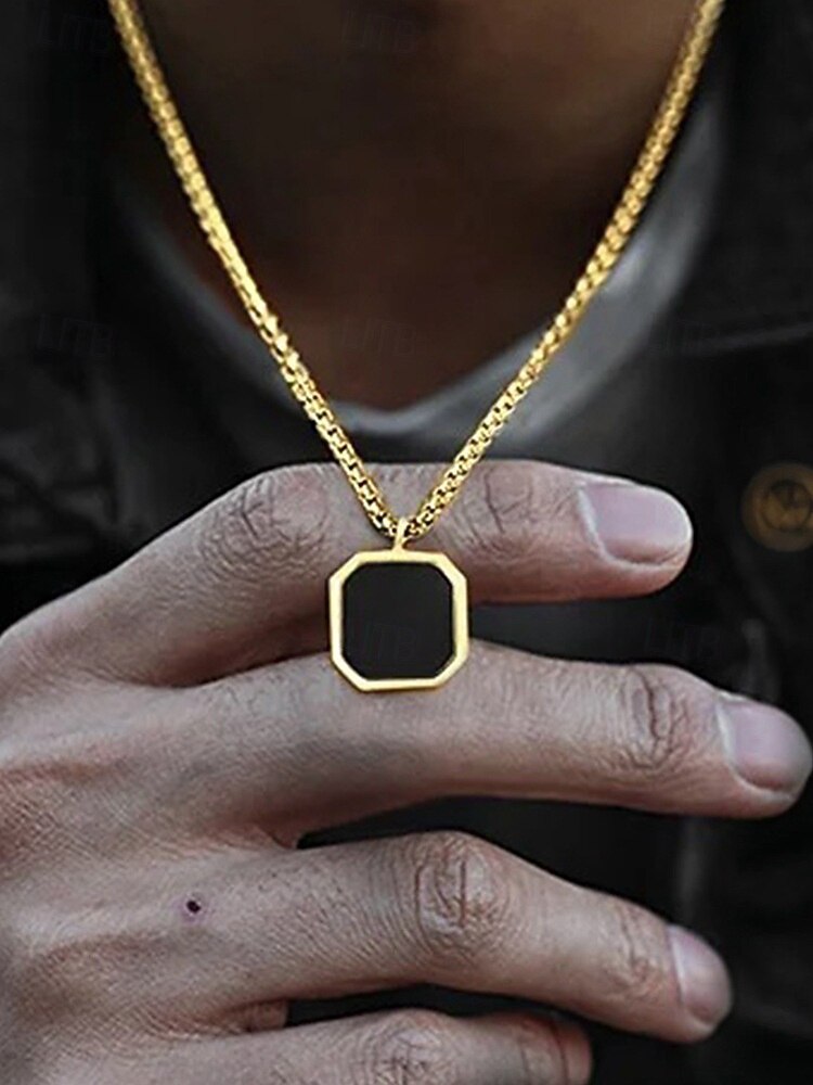Schwarze Herren-Halskette mit quadratischem Anhänger aus Edelstahl – minimalistisches, geometrisches Ketten-Schmuckstück in Gold, Silber und Schwarz, modisches Accessoire für Alltag, Business Casual und Urlaub 2026 - $5.99 –P1