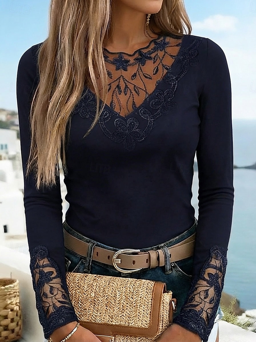 Mujer Camiseta Camiseta burdeos Top de patchwork de malla Camiseta de encaje Encaje Retazos Floral Elegante Vintage Moda Manga Larga Escote Redondo Tops regulares Casual Fin de semana Negro Vino Azul 2026 - $23.99 –P2