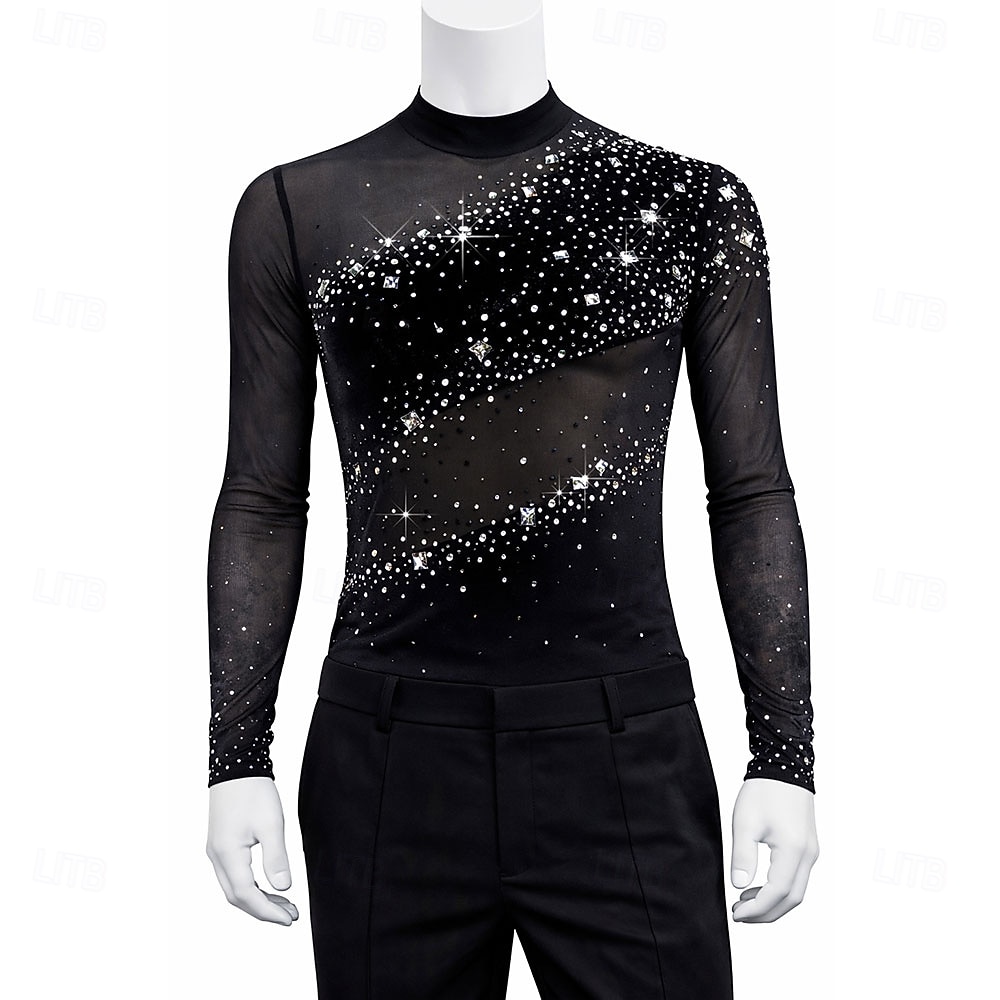 Figure Skating Top Men's Ice Skating Tops Black Patchwork Stretchy Training Competition Skating Wear Classic Crystal / Rhinestone Long Sleeve Ice Skating Figure Skating 2026 - $293.29 –P1