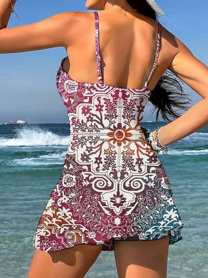 نسائي ملابس السباحة قطعة واحدة مايوه تنورة ملابس السباحة أنيق العطلة الرسم هندسي V رقبة بدون كم بدلة سباحة 2026 - $39.99 –P4