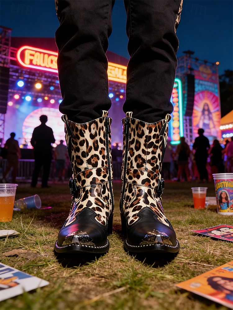 Botas masculinas de couro legítimo para festivais, com estampa de leopardo, ideais para música. de 2026 por $189.99 –P3