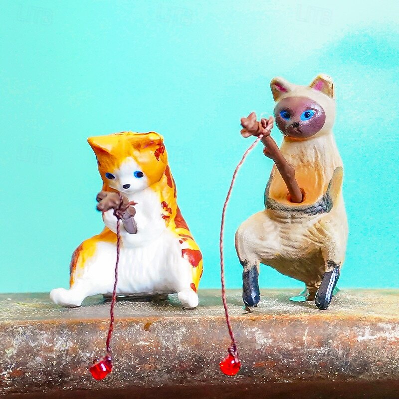 10 ks mini rybářských kočičích figurek, roztomilých kreslených kočiček, rybářských společníků, mini koček, dekorací na stůl, doplňků do interiéru auta, dekorací na palubní desku, legrační kočka, 2026 - $21.99 –P8