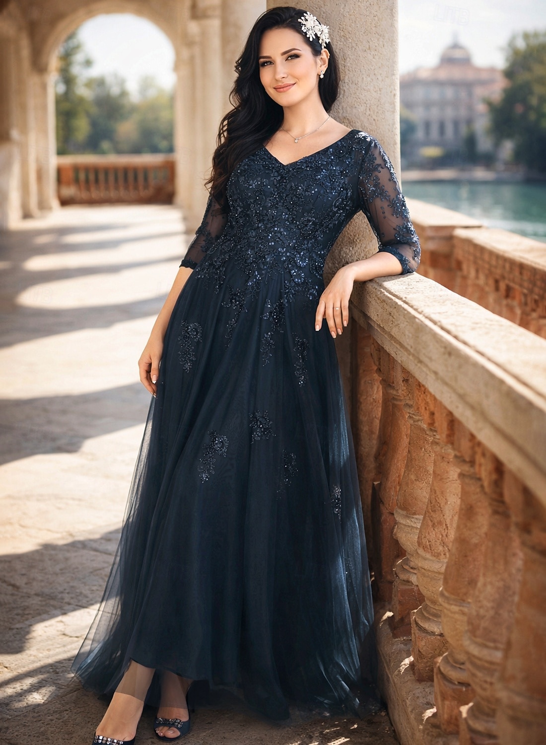 A-Line Floor Length Beaded Eembroidered Wedding Guest Dress Formal Dresses  Mother of the Bride Dress 3/4 Length Sleeve V Neck Elegant Wedding Guest  Engagement Party Lace Tulle with Beading Appliques 2026 - $206.99