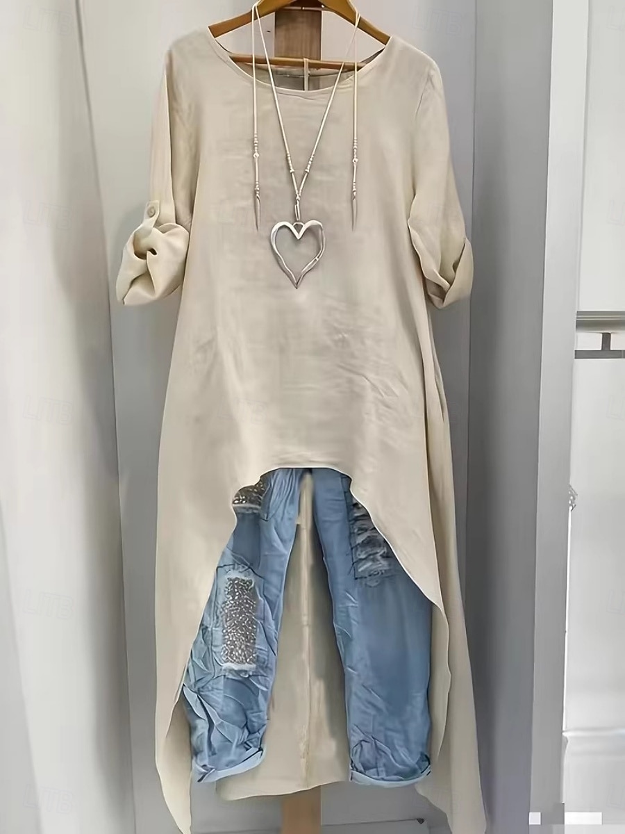 Women's Blouse Faux Linen Shirt Asymmetric Hem Solid Color Stylish Casual Long Sleeve Crew Neck Long Tops Daily White Apricot Gray Summer Spring Fall 2026 - $33.99 –P5